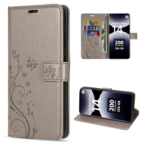 Hülle für Xiaomi Redmi Note 14 Pro 4G, Handy Tasche Handyhülle Wallet Case Flip Cover in Grau