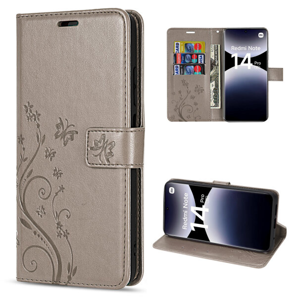 Hülle für Xiaomi Redmi Note 14 Pro 5G, Handy Tasche Handyhülle Wallet Case Flip Cover in Grau