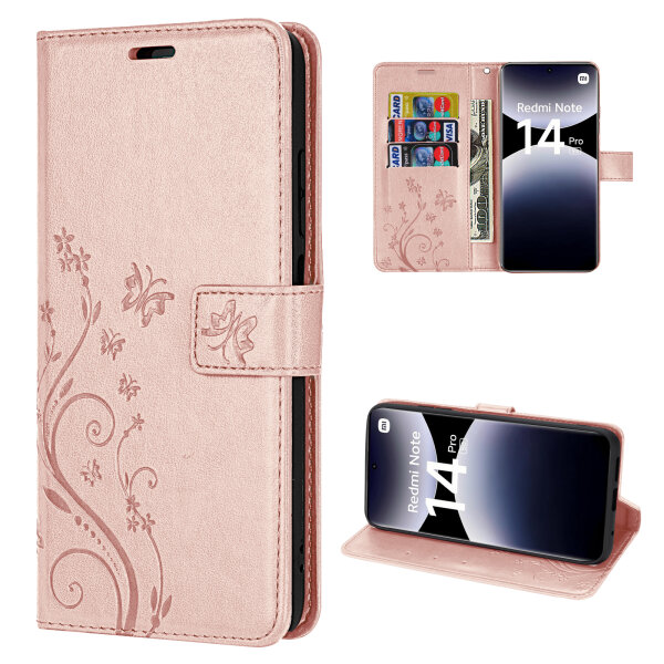Hülle für Xiaomi Redmi Note 14 Pro 5G, Handy Tasche Handyhülle Wallet Case Flip Cover in Rosegold