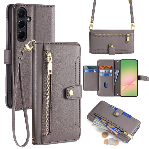 Handykette für Samsung Galaxy A56 Hülle mit Band Handyhülle Kartenfächer PU Leder Umhängetasche in Grau