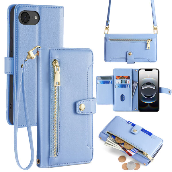 Handykette für Apple iPhone 16E – Handyhülle mit Band PU-Leder Hellblau