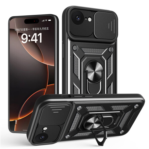 Handyhülle für Apple iPhone 16E – Ring Panzer Case Schwarz