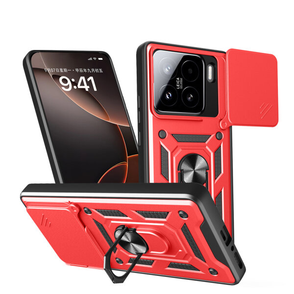 Outdoor Panzer Hülle für Xiaomi 15 Handyhülle Kameraschutz Ringhalter in Rot