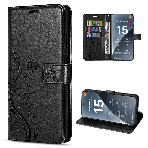 Hülle für Xiaomi 15 Handy Tasche Handyhülle Wallet Case Flip Cover in Schwarz