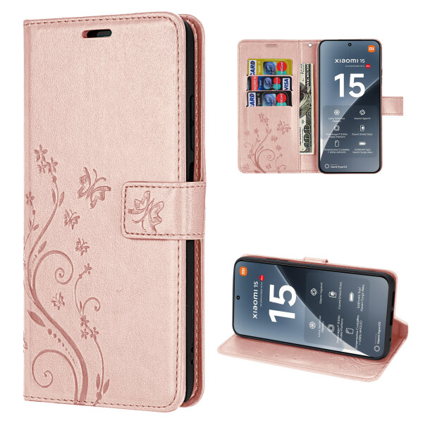 Hülle für Xiaomi 15 Handy Tasche Handyhülle Wallet Case Flip Cover in Rosegold