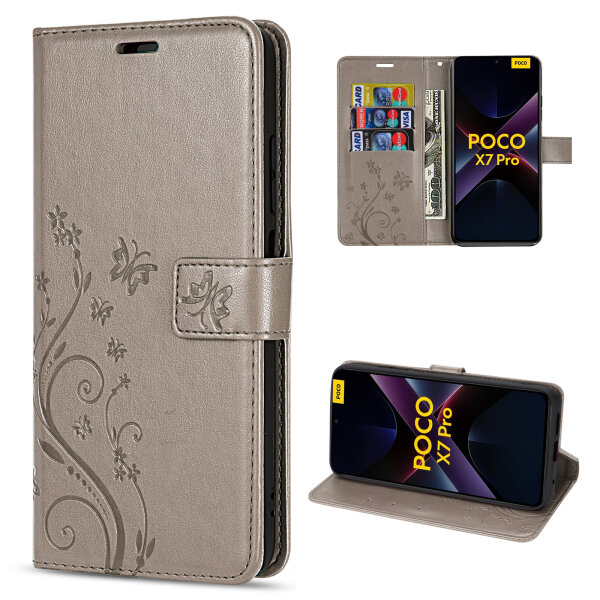 Hülle für Poco X7 Pro 5G Handy Tasche Handyhülle Wallet Case Flip Cover in Grau