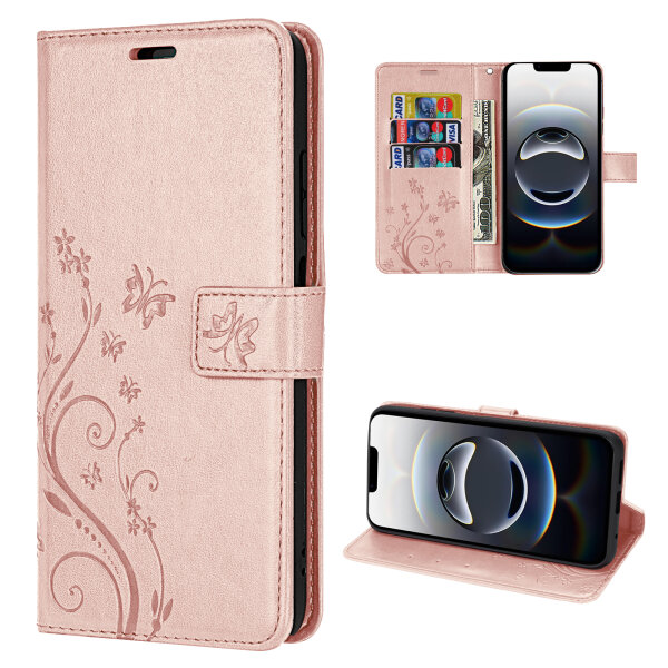 Handyhülle für Apple iPhone 16E – Klapphülle Blume Roségold