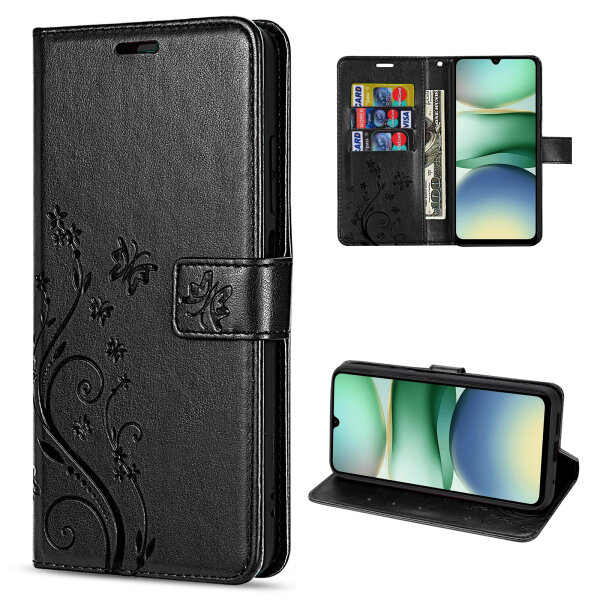 Handy Tasche für Xiaomi Redmi A5 Handyhülle Blumen Hülle Wallet Case Flipcover in Schwarz