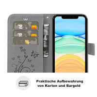 Handyhülle für Apple iPhone 11 – Klapphülle Blumen Grau