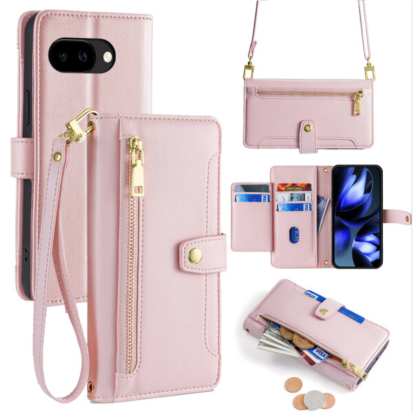 Handykette für Google Pixel 9A mit Band Handyhülle Kartenfächer PU Leder Umhängetasche in Rosa
