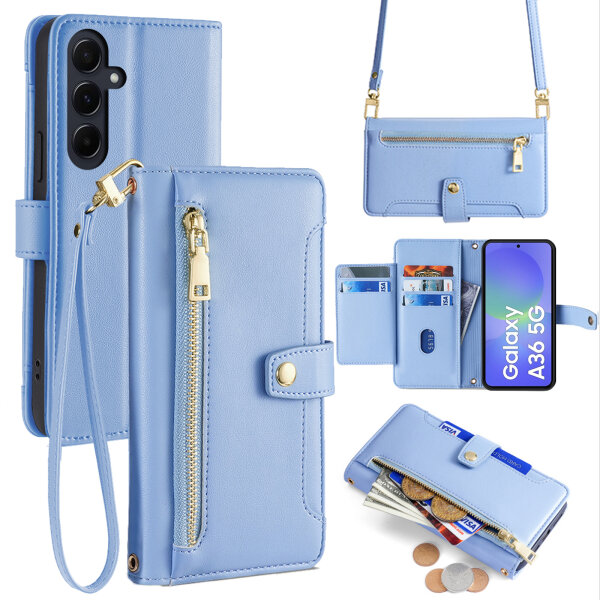 Handykette für Samsung Galaxy A36 Hülle mit Band Handyhülle Kartenfächer PU Leder Umhängetasche in Hellblau