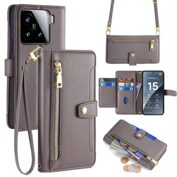 Handykette für Xiaomi 15 Hülle mit Band Handyhülle Kartenfächer PU Leder Umhängetasche in Grau