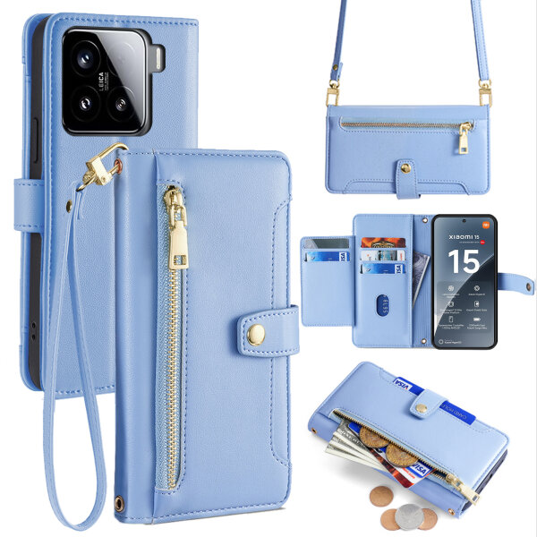 Handykette für Xiaomi 15 Hülle mit Band Handyhülle Kartenfächer PU Leder Umhängetasche in Hellblau
