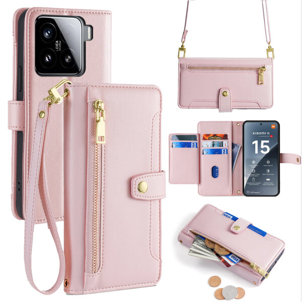 Handykette für Xiaomi 15 Hülle mit Band Handyhülle Kartenfächer PU Leder Umhängetasche in Rosa
