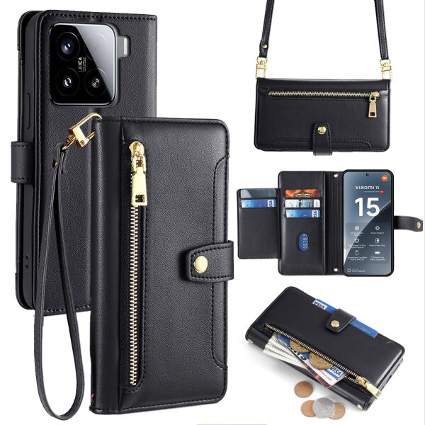 Handykette für Xiaomi 15 Hülle mit Band Handyhülle Kartenfächer PU Leder Umhängetasche in Schwarz
