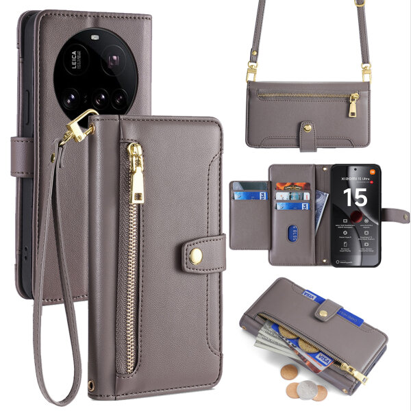 Handykette für Xiaomi 15 Ultra Hülle mit Band Handyhülle Kartenfächer PU Leder Umhängetasche in Grau