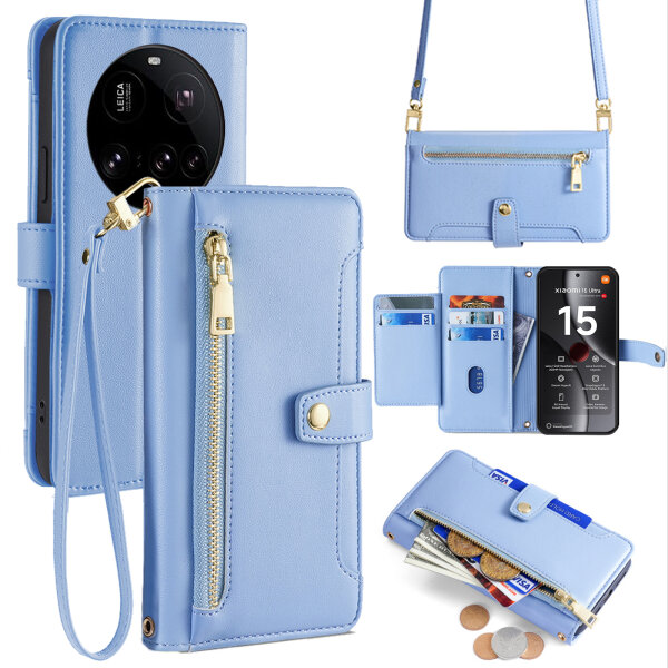 Handykette für Xiaomi 15 Ultra Hülle mit Band Handyhülle Kartenfächer PU Leder Umhängetasche in Hellblau