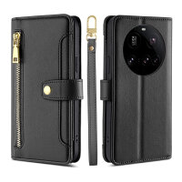 Handykette für Xiaomi 15 Ultra Hülle mit Band Handyhülle Kartenfächer PU Leder Umhängetasche in Schwarz