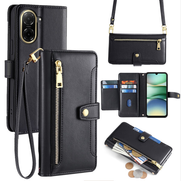 Handykette Hülle für Xiaomi Redmi A5 mit Band Handyhülle Kartenfächer PU Leder Umhängetasche in Schwarz