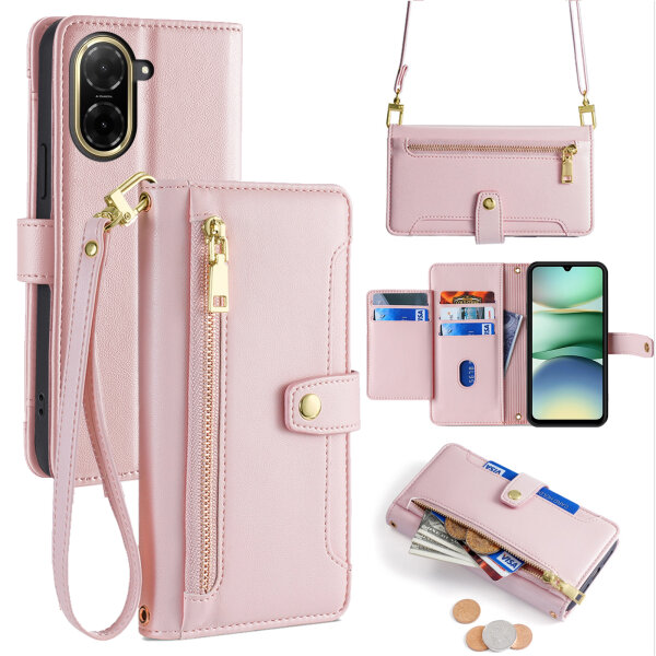 Handykette Hülle für Xiaomi Redmi A5 mit Band Handyhülle Kartenfächer PU Leder Umhängetasche in Rosa