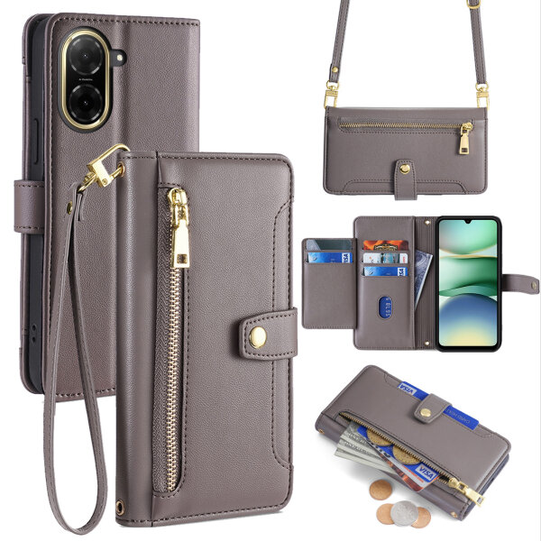 Handykette Hülle für Xiaomi Redmi A5 mit Band Handyhülle Kartenfächer PU Leder Umhängetasche in Grau