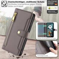 Handykette Hülle für Motorola Moto G05 / Moto E15 mit Band Handyhülle Kartenfächer PU Leder Umhängetasche in Grau