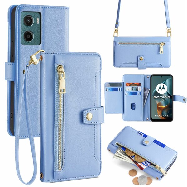 Handykette Hülle für Motorola Moto G05 / Moto E15 mit Band Handyhülle Kartenfächer PU Leder Umhängetasche in Hellblau