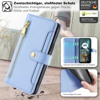 Handykette Hülle für Motorola Moto G05 / Moto E15 mit Band Handyhülle Kartenfächer PU Leder Umhängetasche in Hellblau