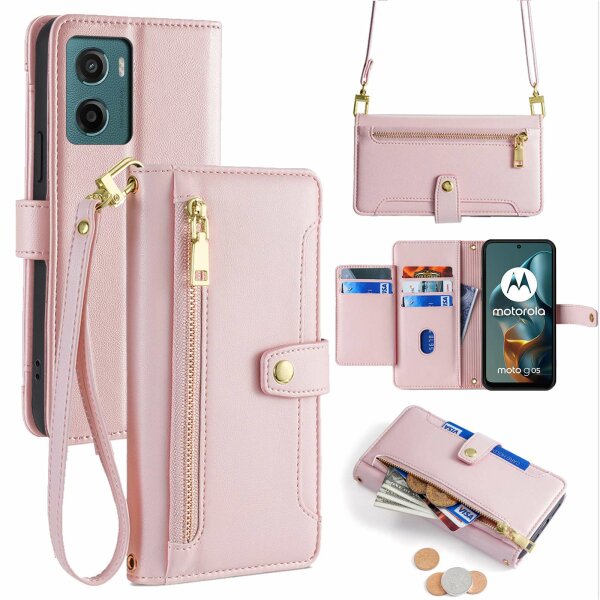 Handykette Hülle für Motorola Moto G05 / Moto E15 mit Band Handyhülle Kartenfächer PU Leder Umhängetasche in Rosa