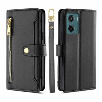 Handykette Hülle für Motorola Moto G05 / Moto E15 mit Band Handyhülle Kartenfächer PU Leder Umhängetasche in Schwarz