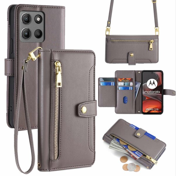 Handykette Hülle für Motorola Moto G15 / Moto G15 Power mit Band Handyhülle Kartenfächer PU Leder Umhängetasche in Grau