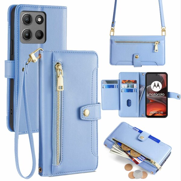 Handykette Hülle für Motorola Moto G15 / Moto G15 Power mit Band Handyhülle Kartenfächer PU Leder Umhängetasche in Hellblau