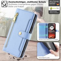 Handykette Hülle für Motorola Moto G15 / Moto G15 Power mit Band Handyhülle Kartenfächer PU Leder Umhängetasche in Hellblau