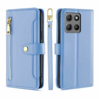 Handykette Hülle für Motorola Moto G15 / Moto G15 Power mit Band Handyhülle Kartenfächer PU Leder Umhängetasche in Hellblau