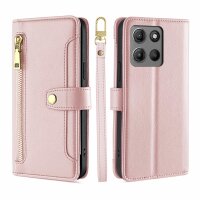 Handykette Hülle für Motorola Moto G15 / Moto G15 Power mit Band Handyhülle Kartenfächer PU Leder Umhängetasche in Rosa