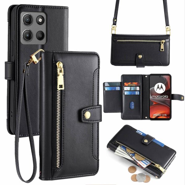 Handykette Hülle für Motorola Moto G15 / Moto G15 Power mit Band Handyhülle Kartenfächer PU Leder Umhängetasche in Schwarz