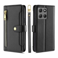 Handykette Hülle für Motorola Moto G15 / Moto G15 Power mit Band Handyhülle Kartenfächer PU Leder Umhängetasche in Schwarz