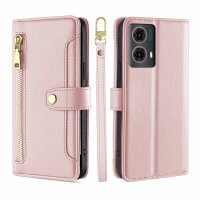 Handykette Hülle für Motorola Moto G85 mit Band Handyhülle Kartenfächer PU Leder Umhängetasche in Rosa