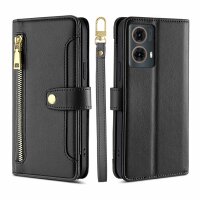 Handykette Hülle für Motorola Moto G85 mit Band Handyhülle Kartenfächer PU Leder Umhängetasche in Schwarz