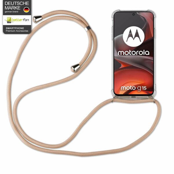 Handykett für Motorola Moto G15 / Moto G15 Power Hülle mit Kordel Handyhülle mit Band in Beige/Braun
