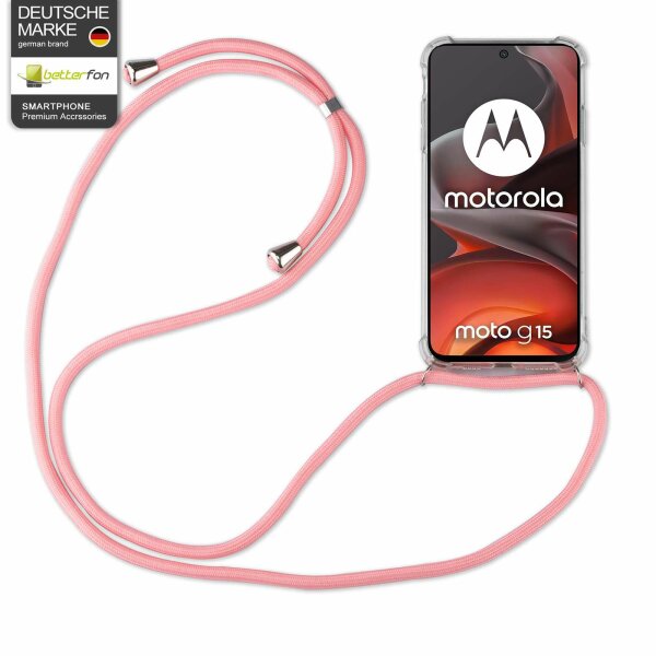 Handykett für Motorola Moto G15 / Moto G15 Power Hülle mit Kordel Handyhülle mit Band in Rosa