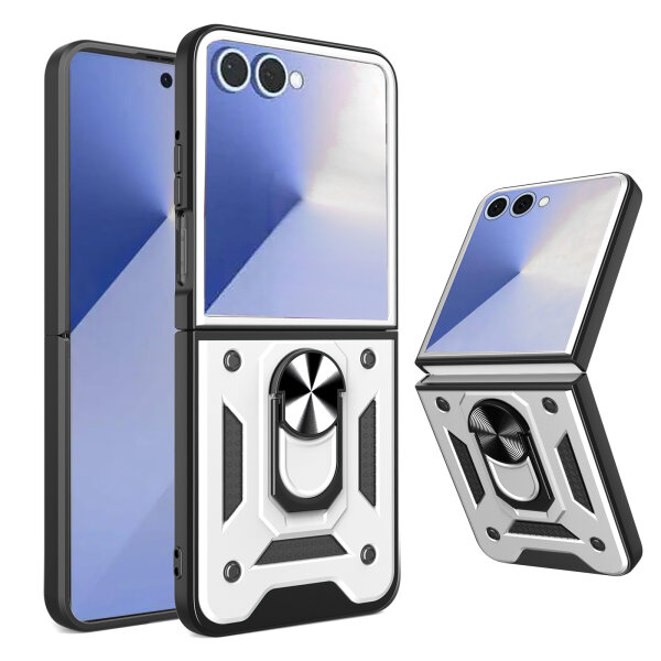 Outdoor Panzer Hülle für Samsung Galaxy Z Flip 7 mit Kameraschutz Ringhalter in Silber