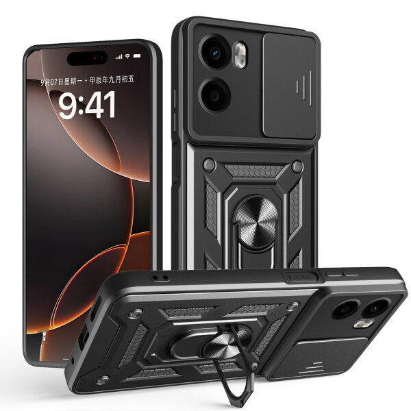 Outdoor Panzer Hülle für Motorola Moto G05 / E15 Handyhülle mit Kameraschutz Ringhalter in Schwarz