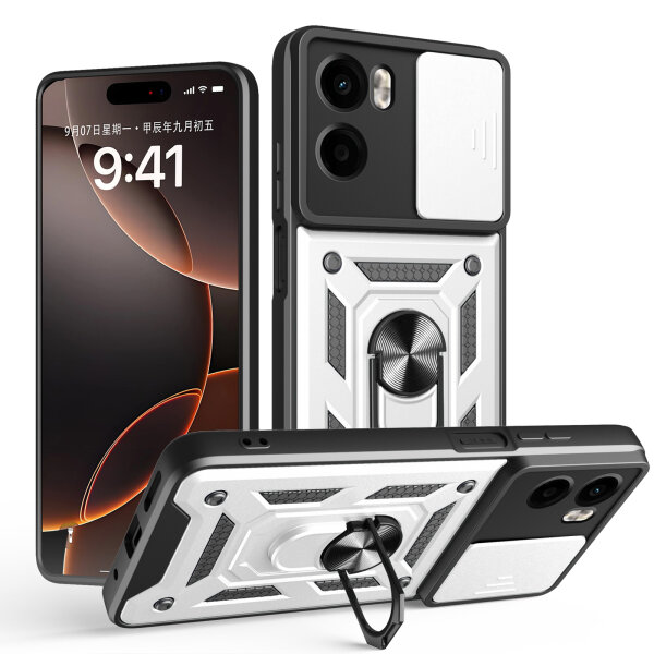 Outdoor Panzer Hülle für Motorola Moto G05 / E15 Handyhülle mit Kameraschutz Ringhalter in Silber