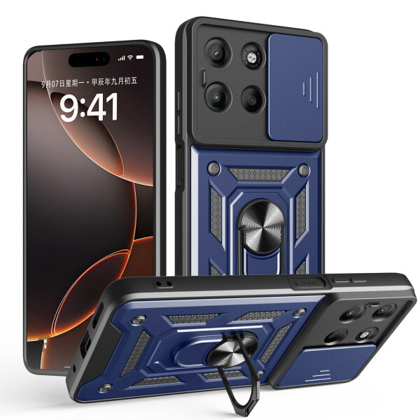 Outdoor Panzer Hülle für Motorola Moto G15 / G15 Power Handyhülle mit Kameraschutz Ringhalter in Blau