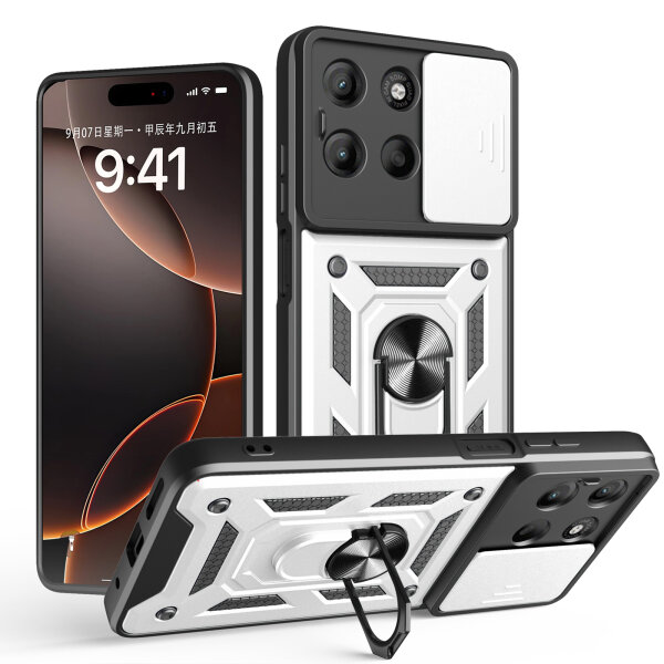 Outdoor Panzer Hülle für Motorola Moto G15 / G15 Power Handyhülle mit Kameraschutz Ringhalter in Silber