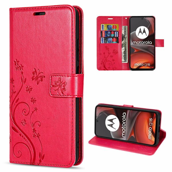 Hülle für Motorola Moto G15 / G15 Power Handyhülle mit [Standfunktion][Kartenfächern] in Rot