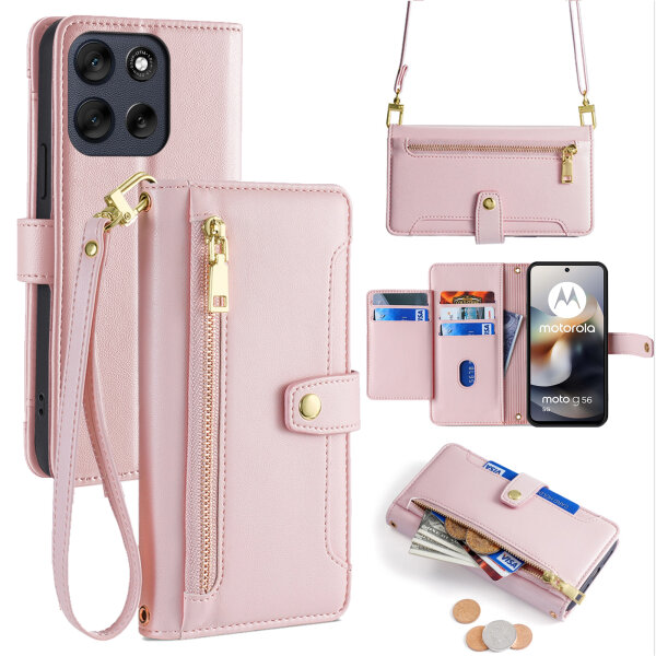 Handykette für Motorola Moto G56 Hülle mit Band Handyhülle Kartenfächer Leder Umhängetasch in Rosa