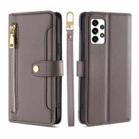 Handykette für Samsung Galaxy A53 Hülle mit Band Handyhülle Kartenfächer PU Leder Umhängetasche in Grau