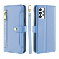 Handykette für Samsung Galaxy A53 Hülle mit Band Handyhülle Kartenfächer PU Leder Umhängetasche in Hellblau